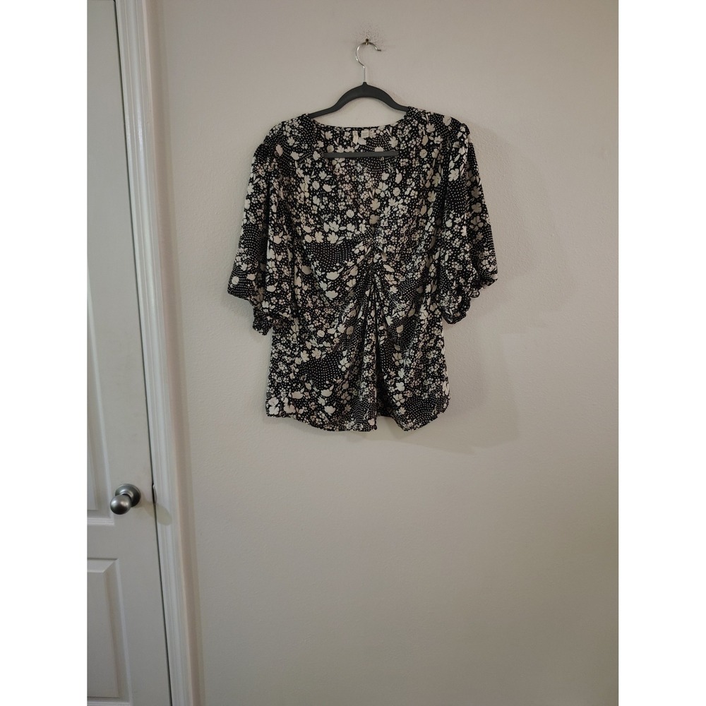 Cato Womens Black White Floral Polka Dot Ruched V-Neck Blouse Plus Size 18/20W